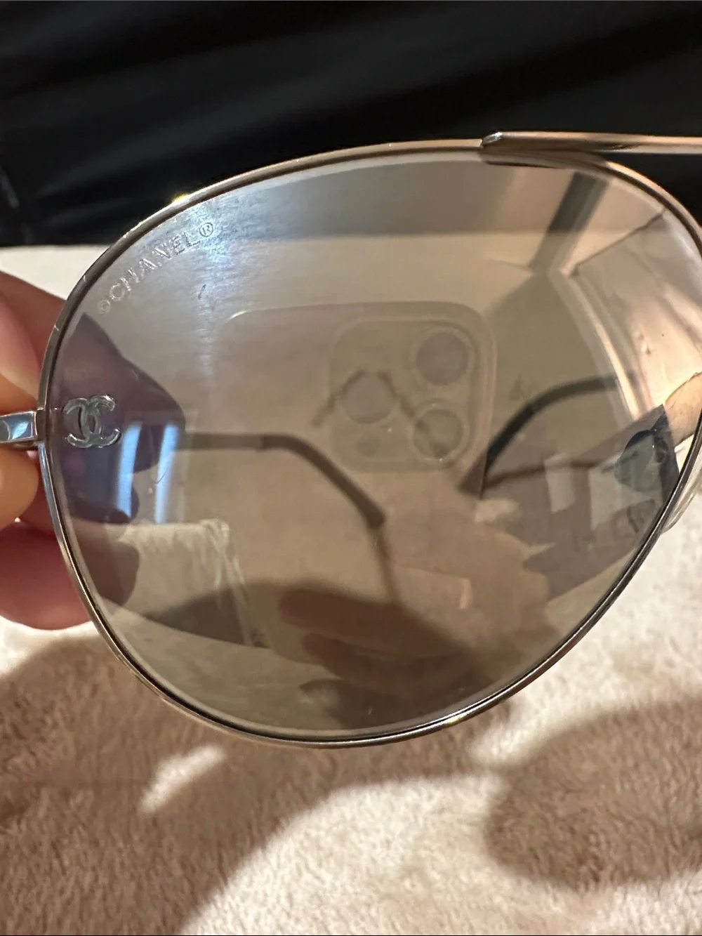 CHANEL Silver Aviator Sunglasses with Black Case